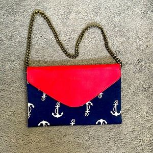 J Crew mint condition vintage envelope purse - red leather and anchor fabric